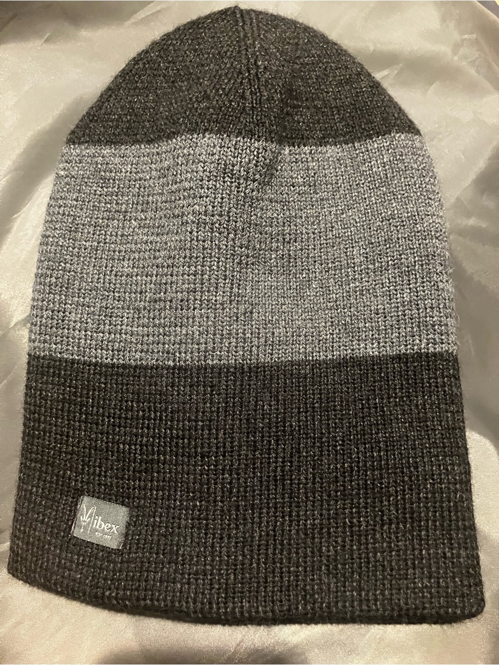 ibex Three-Stripe Knit Beanie in Charcoal and Light Gray